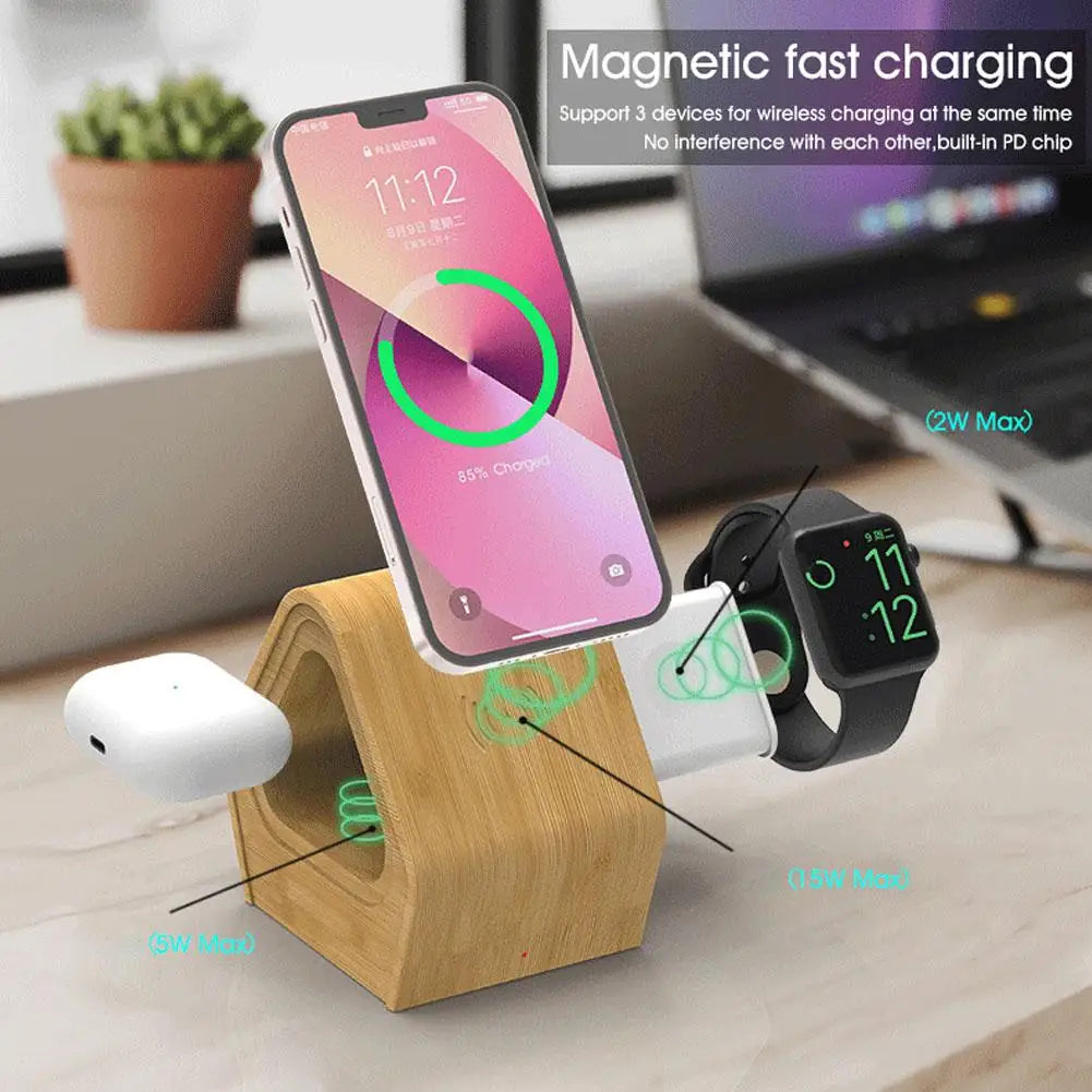 3-in-1 Bamboo Charger Stand – Fast Wireless Charging for iPhone 12–16 Series