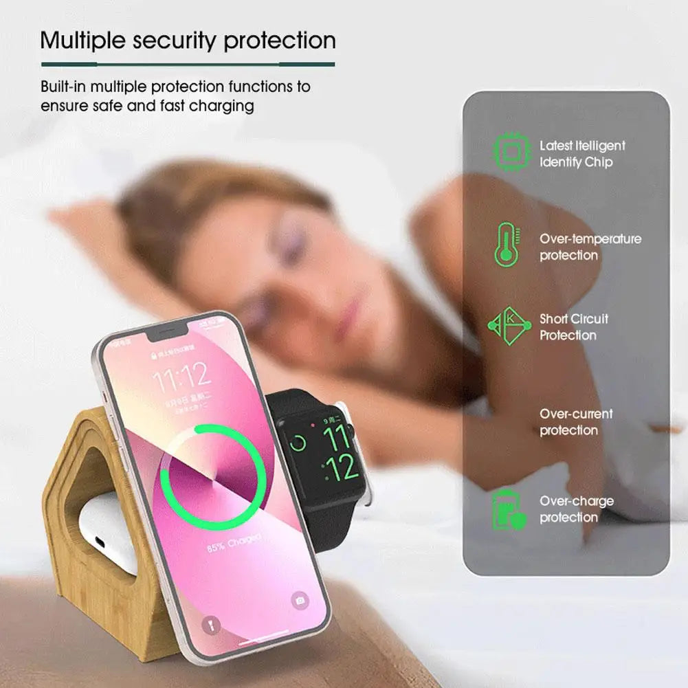 3-in-1 Bamboo Charger Stand – Fast Wireless Charging for iPhone 12–16 Series