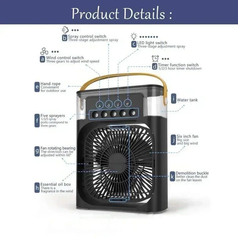 New 3 In 1 Portable Fan Air Conditioner -Mini Household Air Cooler with LED Night Light and Humidifier.