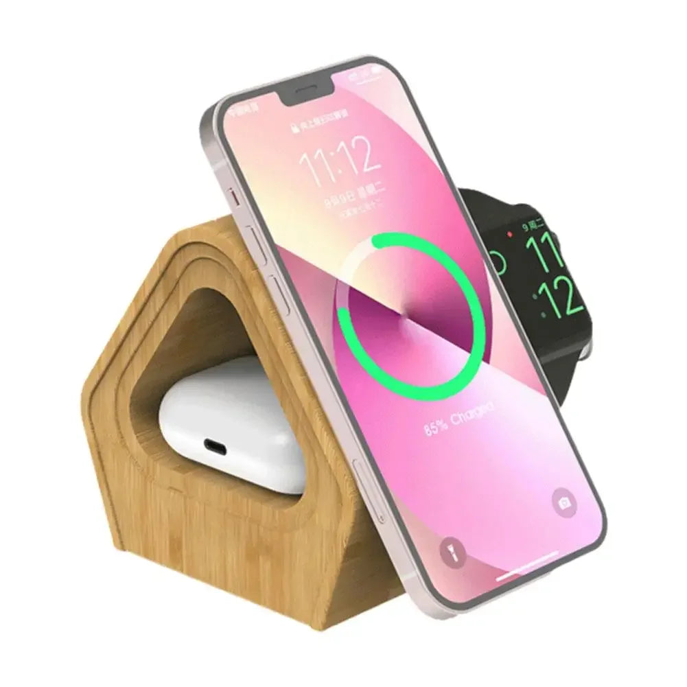 3-in-1 Bamboo Charger Stand – Fast Wireless Charging for iPhone 12–16 Series