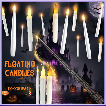 12-120Pcs Floating LED Flameless Candles with Wand – Hanging Flickering Lights for Halloween & Christmas Decor