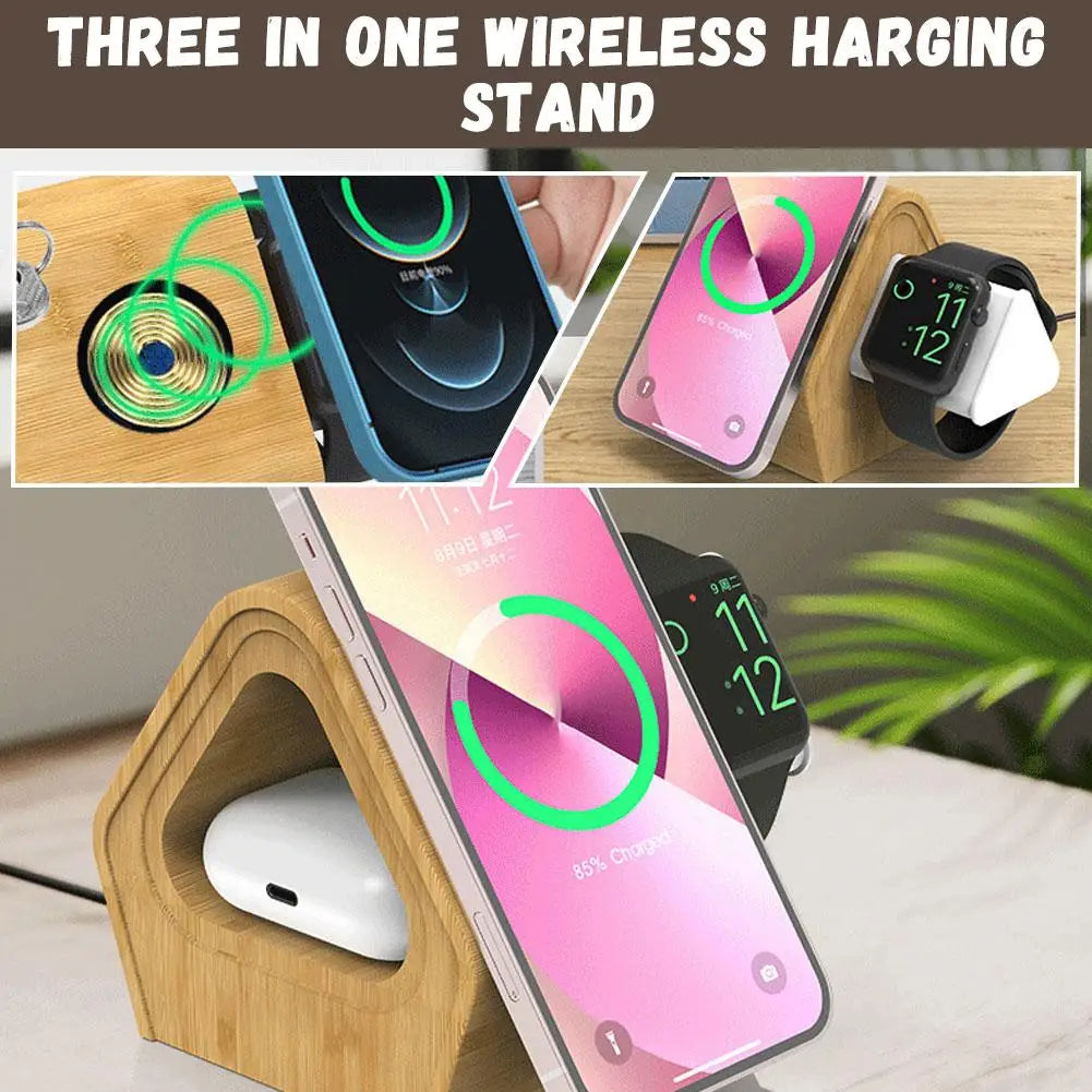 3-in-1 Bamboo Charger Stand – Fast Wireless Charging for iPhone 12–16 Series