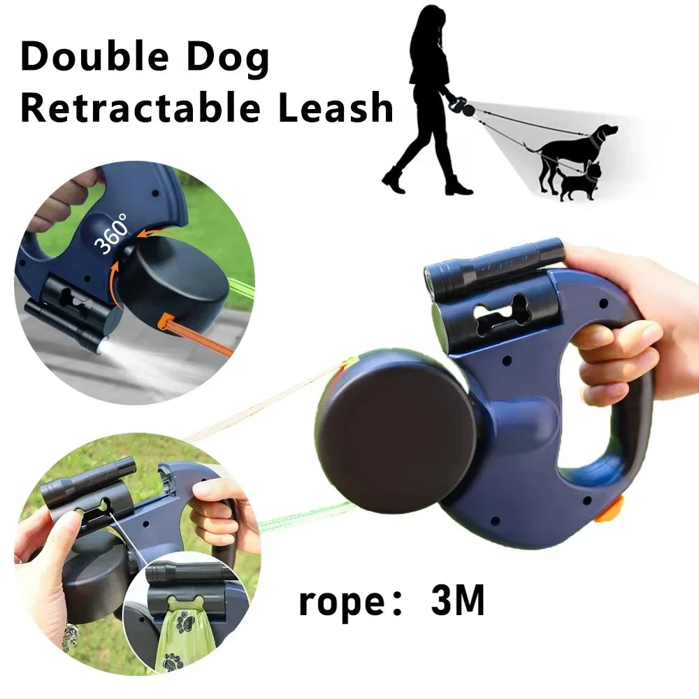 Retractable Dual Dog Leash with LED Light