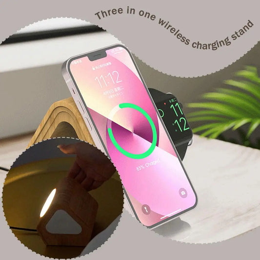 3-in-1 Bamboo Charger Stand – Fast Wireless Charging for iPhone 12–16 Series