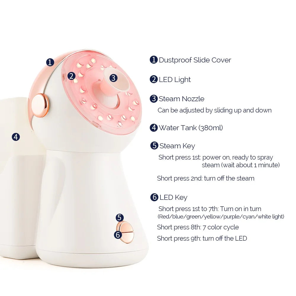 7-Color LED Face Steamer – Nano Hot Spray, Pore Cleaner & Red Light Therapy