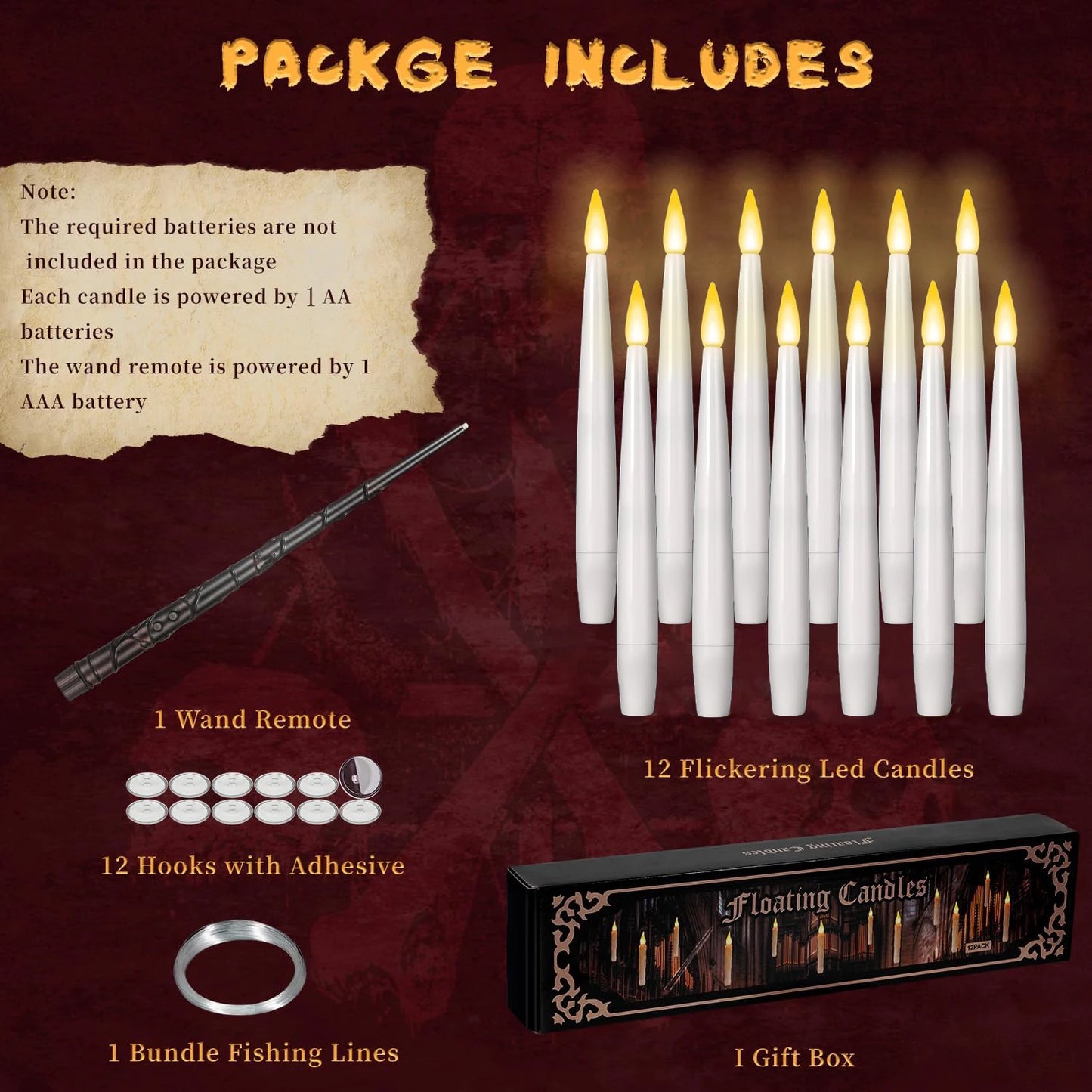 12-120Pcs Floating LED Flameless Candles with Wand – Hanging Flickering Lights for Halloween & Christmas Decor