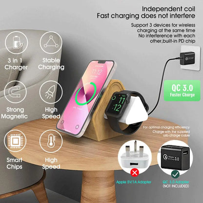 3-in-1 Bamboo Charger Stand – Fast Wireless Charging for iPhone 12–16 Series